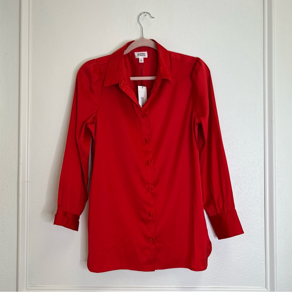 Red Long-Sleeve Button Down Stretch Satin Shirt - Picture 2 of 6